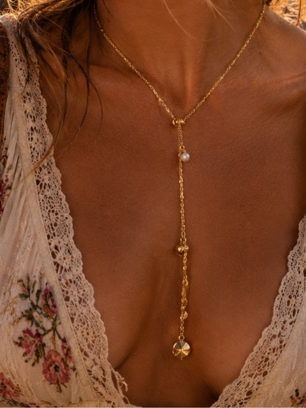 New MAYAMAR Gold Lariat Y Necklace with Pearl Accent